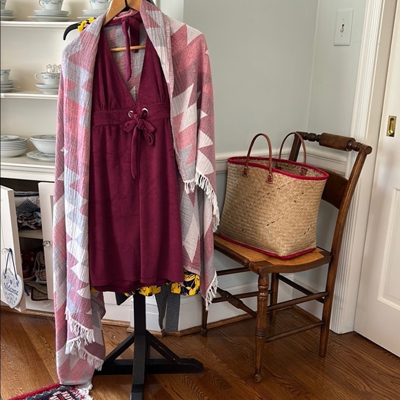 Resort Wear 3 PC Set Burgundy Halter Terry Dress Organic Burgundy Gray Wrap NEW - Picture 6 of 16